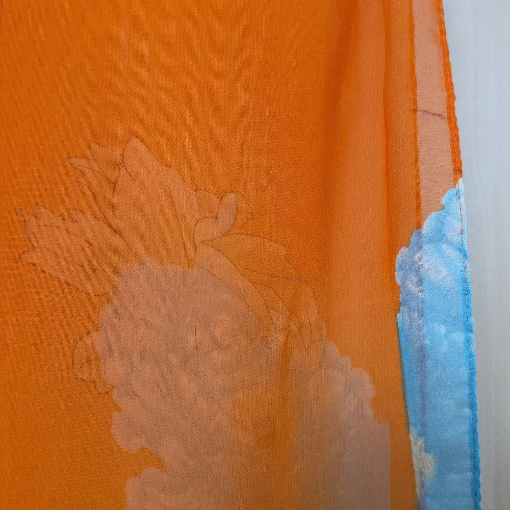 Orange and Blue Floral Scarf, Vibrant, Sheer, 20